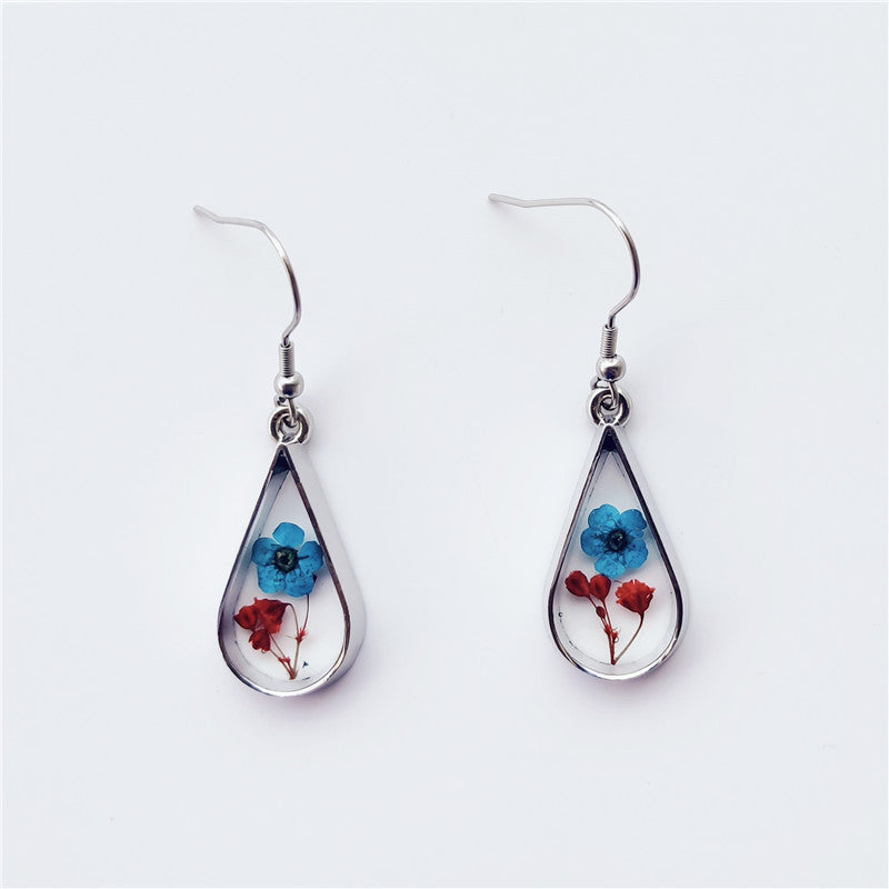 Wholesale 6pcs Teardrop Shaped Handmade Dripping Resin Natural Real Flower Earrings