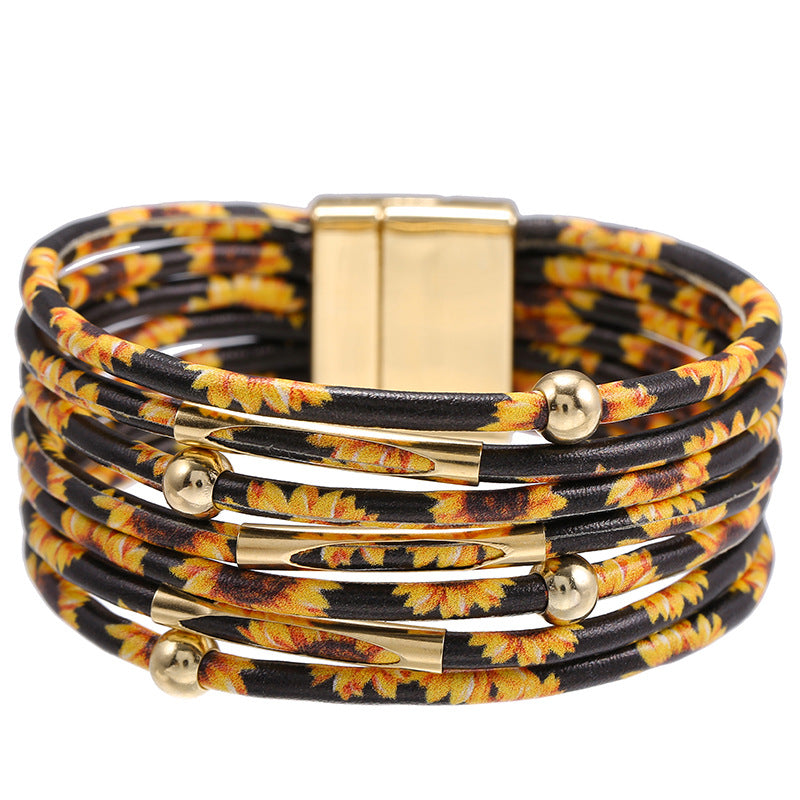 Wholesale Multilayer Leather Magnet Buckle Little Daisy Leopard Bracelet Jewelry Set