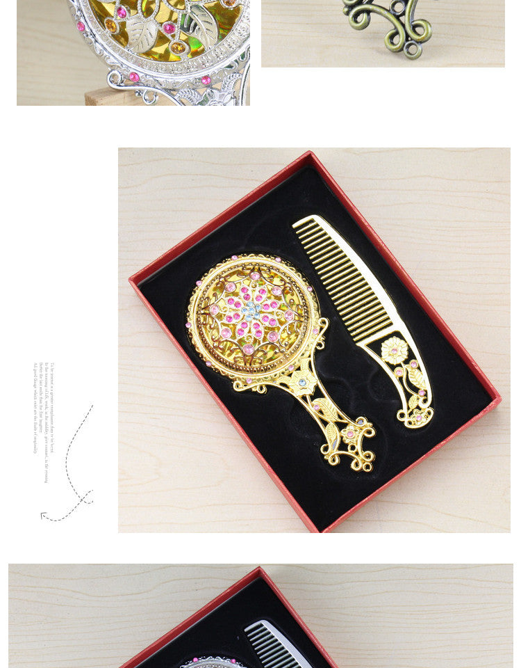 Wholesale Ethnic Style Rose Gold Carving with Comb Handle Exquisite Gift Box Packaging Mirror
