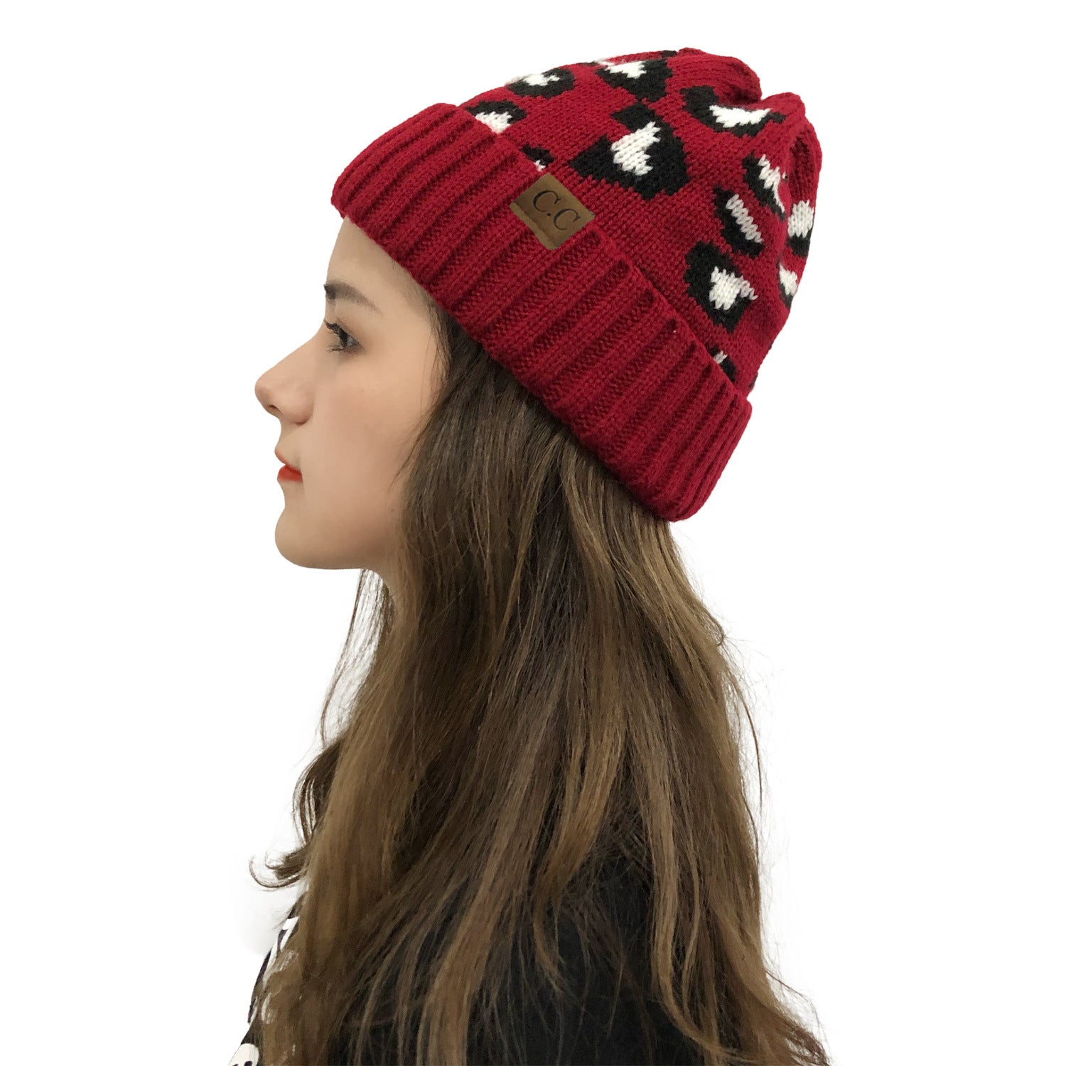 Wholesale Leopard Print Curled Edge Autumn and Winter Warm Wool Knitted Hat