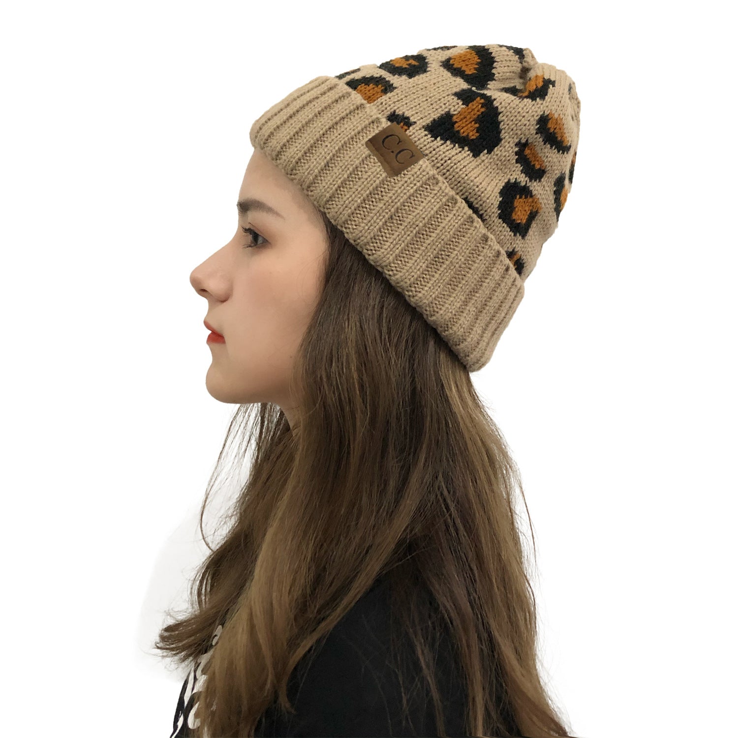 Wholesale Leopard Print Curled Edge Autumn and Winter Warm Wool Knitted Hat