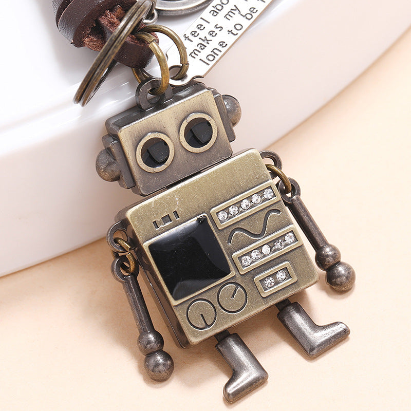 Wholesale Retro Woven Movable Robot Cowhide Leather Keychain