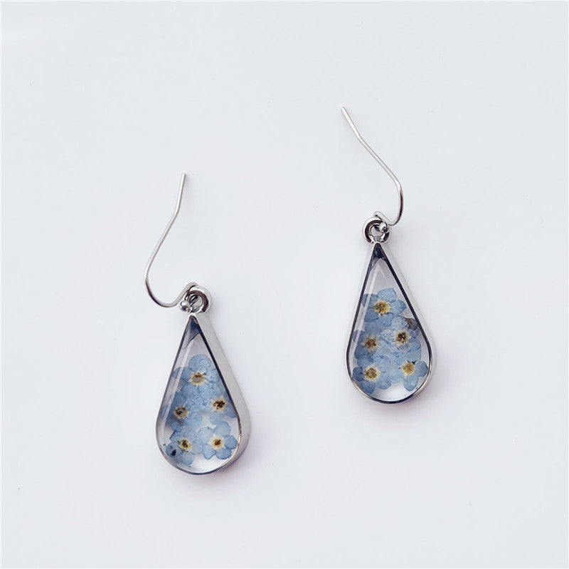 Wholesale 6pcs Fashion Water Drop Shape Dried Flower Blue Forget-me-not Real Flower Earrings