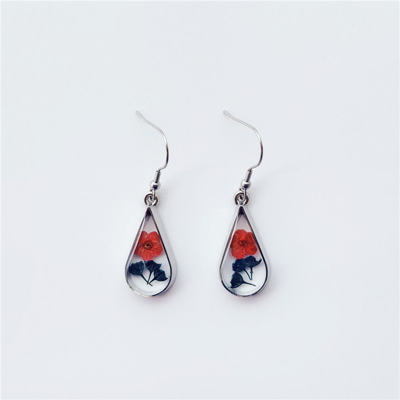 Wholesale 6pcs Teardrop Shaped Handmade Dripping Resin Natural Real Flower Earrings