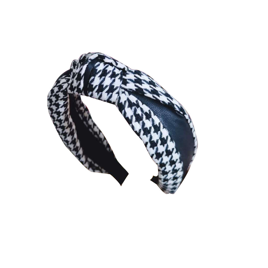 Wholesale Wide-brimmed Houndstooth Leather Knotted Headband