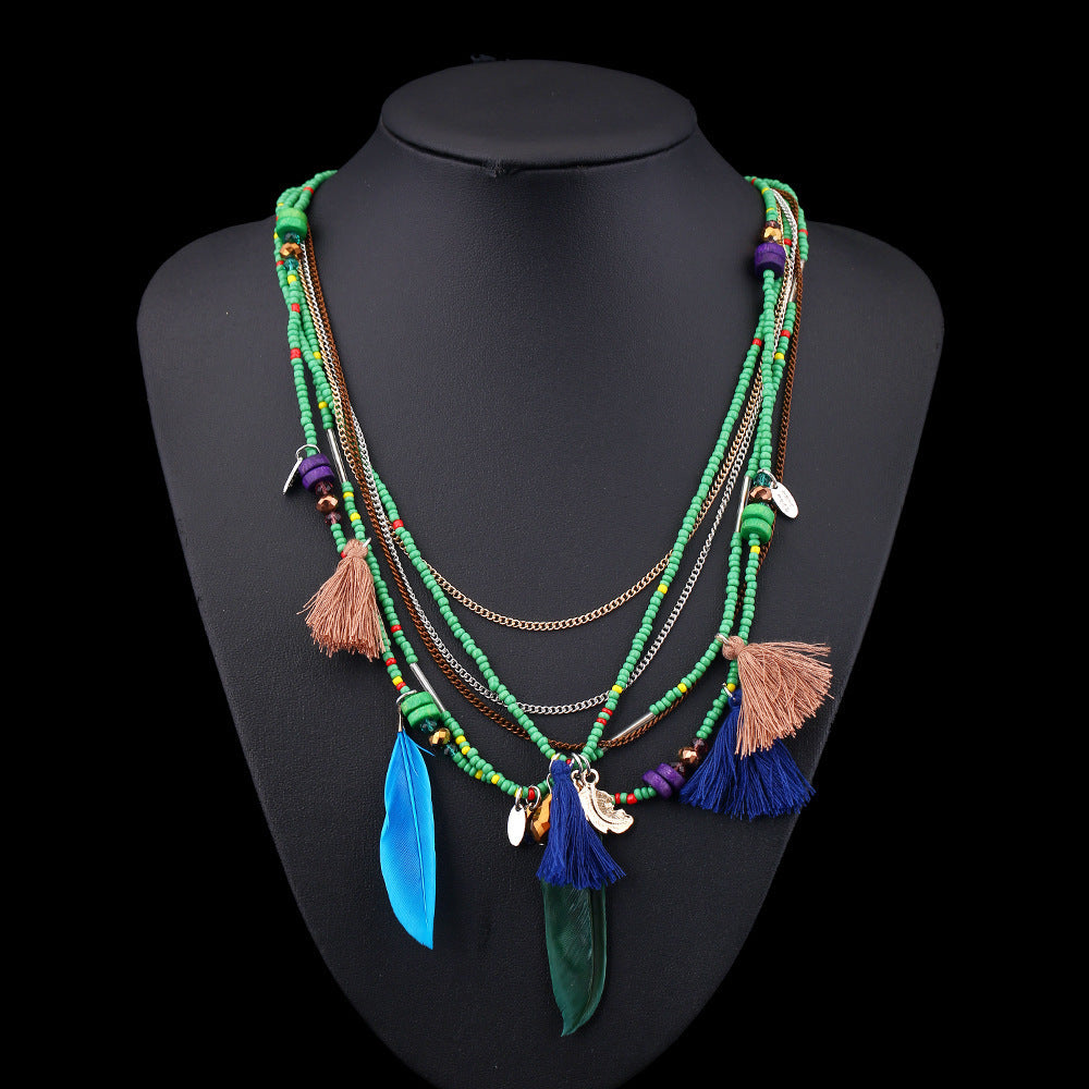 Wholesale Feather Colorful Rice Ball Alloy Necklace