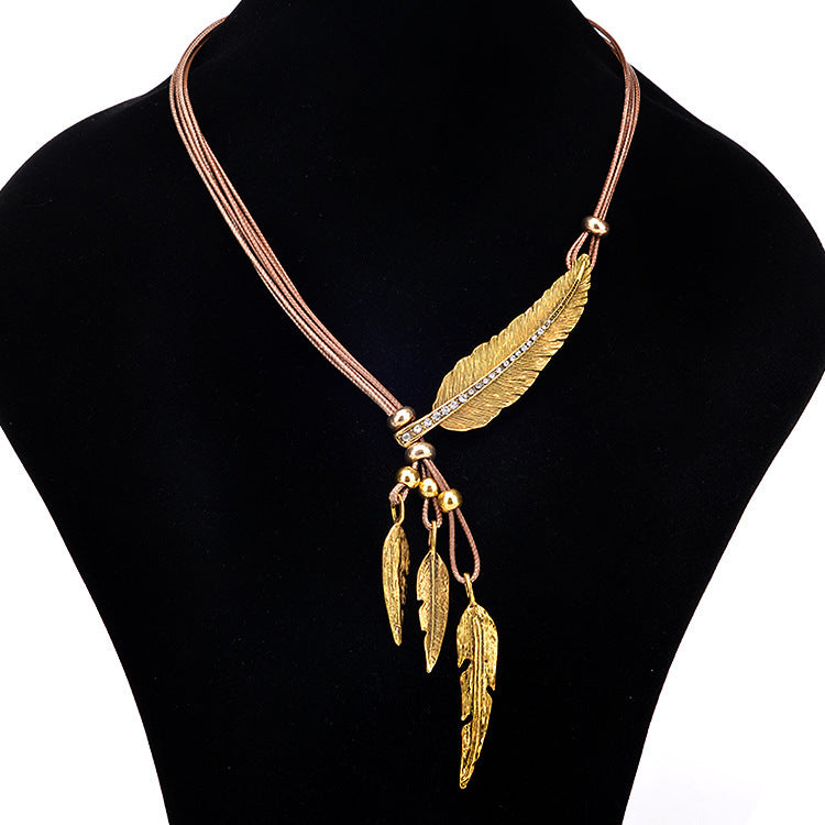 Wholesale Feather Leaves with Diamond Black Leather Rope Alloy Necklaces