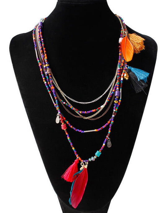 Wholesale Feather Colorful Rice Ball Alloy Necklace
