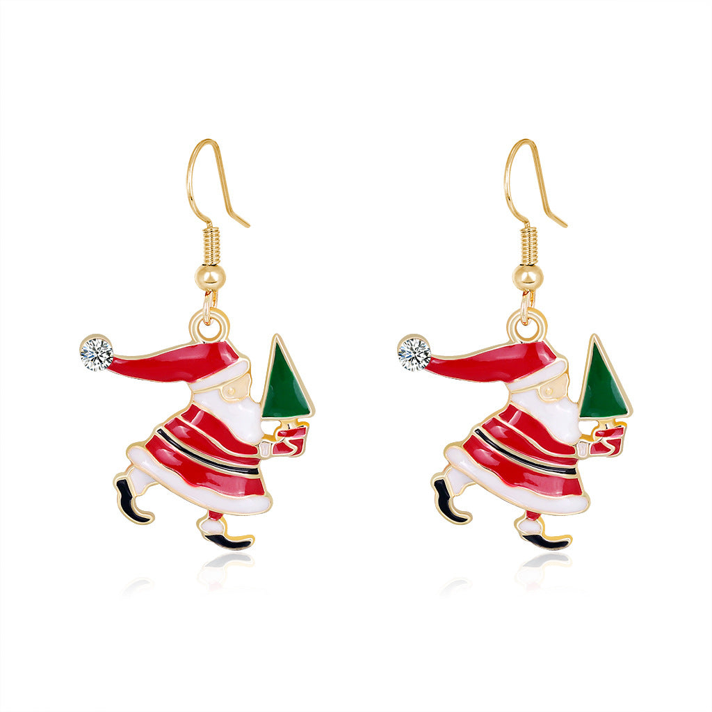 Wholesale Christmas Oil Drop Diamond Santa Claus Christmas Tree Alloy Earrings