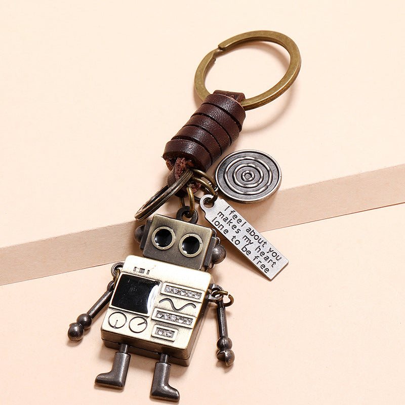 Wholesale Retro Woven Movable Robot Cowhide Leather Keychain