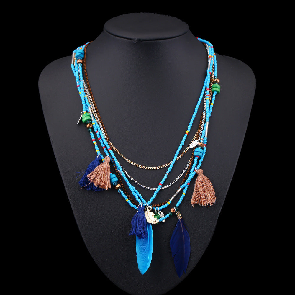 Wholesale Feather Colorful Rice Ball Alloy Necklace