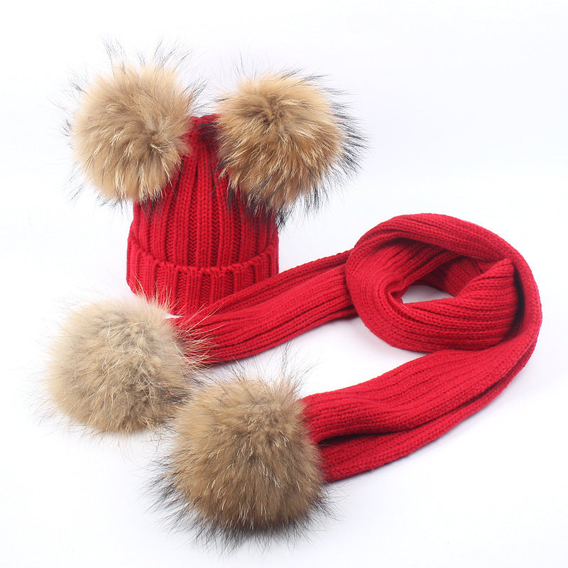 Wholesale Autumn and Winter Children's Double Wool Ball Knitted Hat and Scarf Set