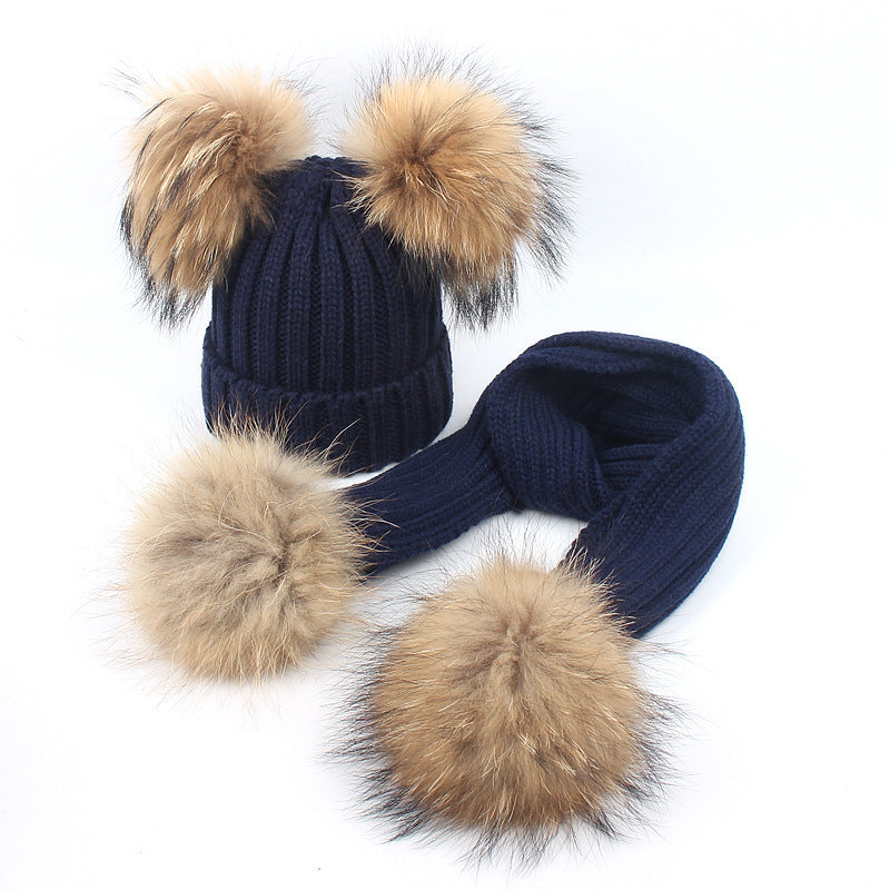 Wholesale Autumn and Winter Children's Double Wool Ball Knitted Hat and Scarf Set
