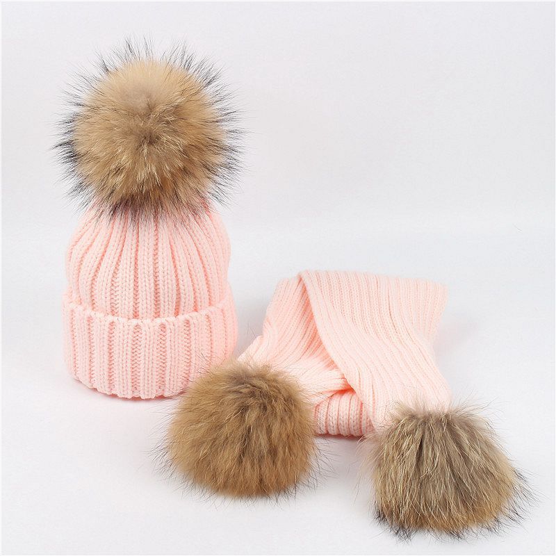 Wholesale Autumn and Winter Children's Double Wool Ball Knitted Hat and Scarf Set