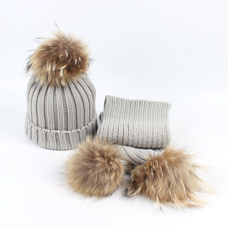 Wholesale Autumn and Winter Children's Double Wool Ball Knitted Hat and Scarf Set