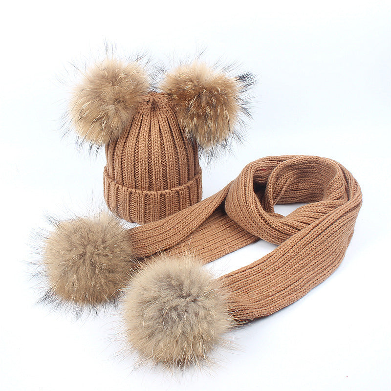 Wholesale Autumn and Winter Children's Double Wool Ball Knitted Hat and Scarf Set