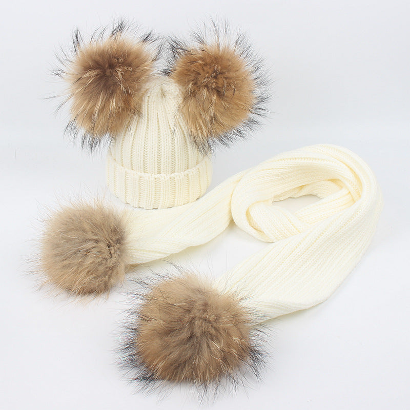 Wholesale Autumn and Winter Children's Double Wool Ball Knitted Hat and Scarf Set