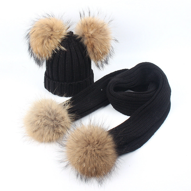 Wholesale Autumn and Winter Children's Double Wool Ball Knitted Hat and Scarf Set