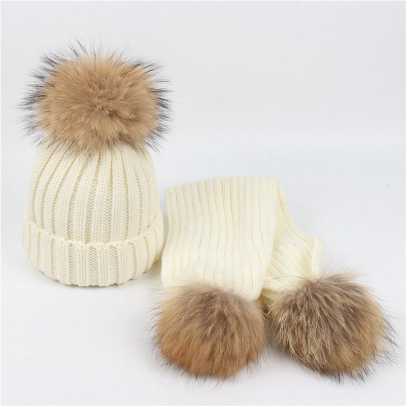Wholesale Autumn and Winter Children's Double Wool Ball Knitted Hat and Scarf Set