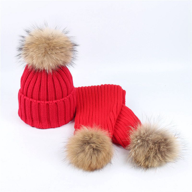 Wholesale Autumn and Winter Children's Double Wool Ball Knitted Hat and Scarf Set