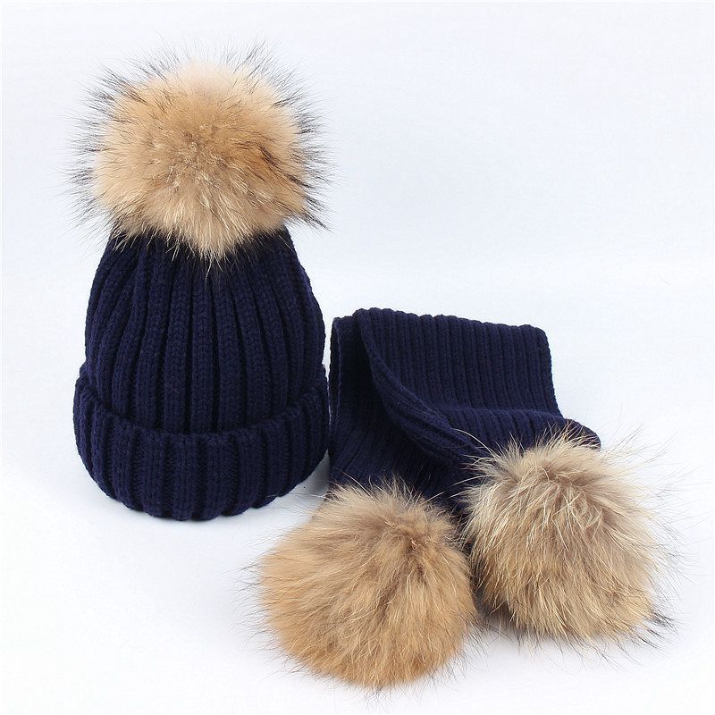 Wholesale Autumn and Winter Children's Double Wool Ball Knitted Hat and Scarf Set
