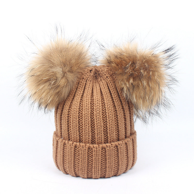 Wholesale Autumn and Winter Children's Double Wool Ball Knitted Hat and Scarf Set