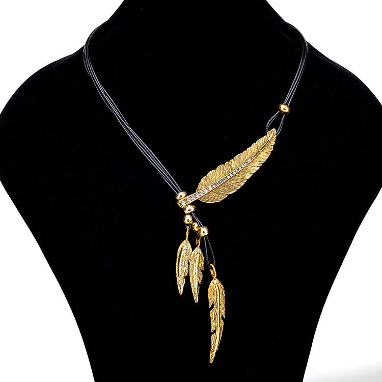 Wholesale Feather Leaves with Diamond Black Leather Rope Alloy Necklaces