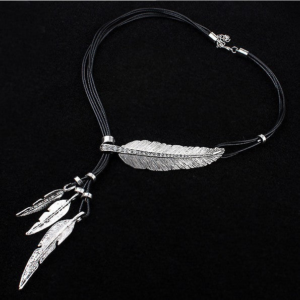 Wholesale Feather Leaves with Diamond Black Leather Rope Alloy Necklaces