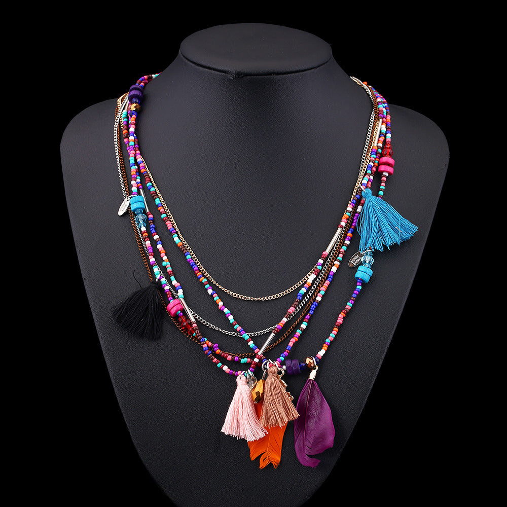 Wholesale Feather Colorful Rice Ball Alloy Necklace