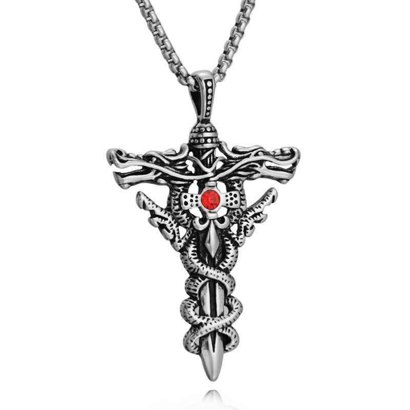 Wholesale Double Dragon Sword Titanium Steel Retro Punk Cross Necklace