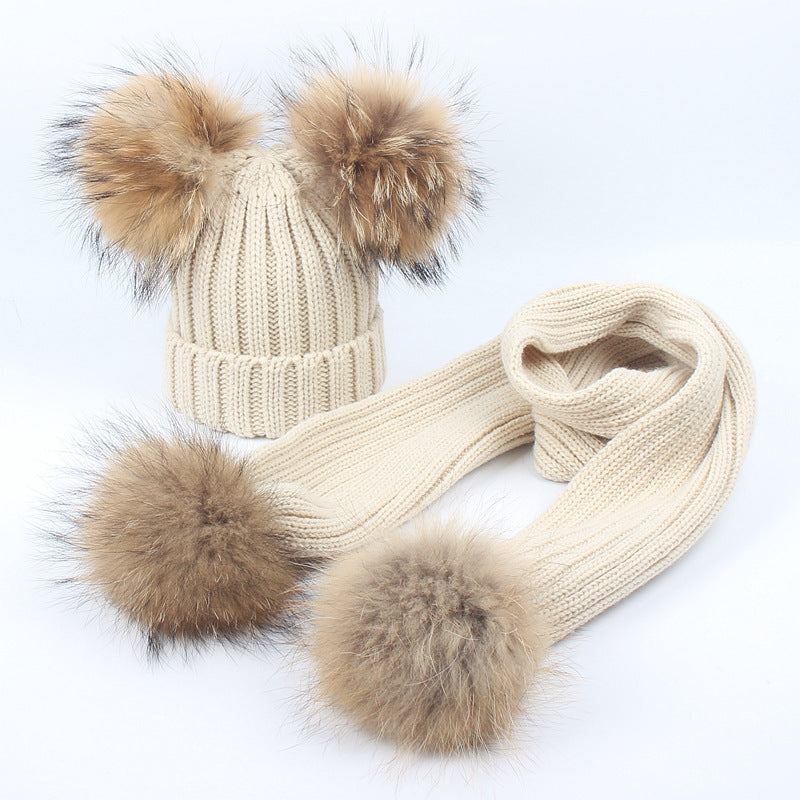 Wholesale Autumn and Winter Children's Double Wool Ball Knitted Hat and Scarf Set