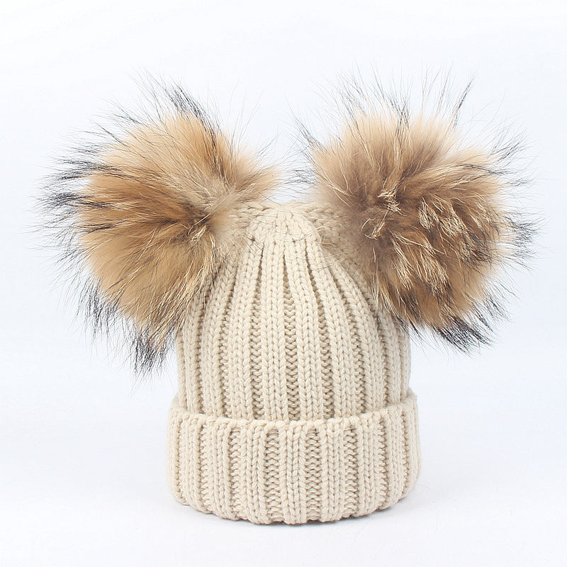 Wholesale Autumn and Winter Children's Double Wool Ball Knitted Hat and Scarf Set