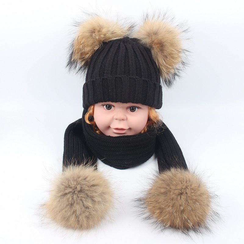 Wholesale Autumn and Winter Children's Double Wool Ball Knitted Hat and Scarf Set