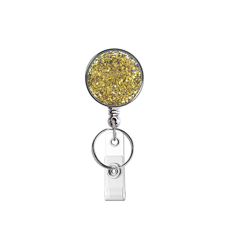 Wholesale Badge Reels UV Electroplated Resin Glitter Sequins Epoxy Badge Reel Retractable Keychain