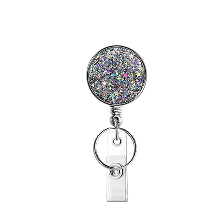 Wholesale Badge Reels UV Electroplated Resin Glitter Sequins Epoxy Badge Reel Retractable Keychain