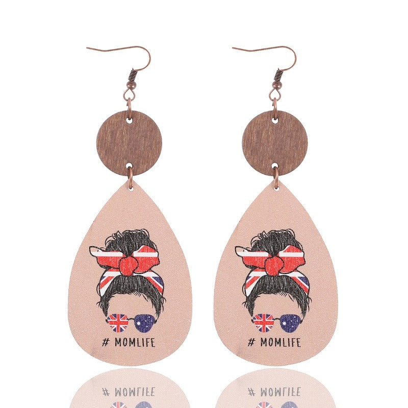 Wholesale MOM LIFE Mother's Day Leopard Plaid Wooden Earrings