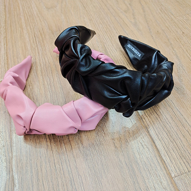 Wholesale Solid Color Pu Leather Pleated Headband