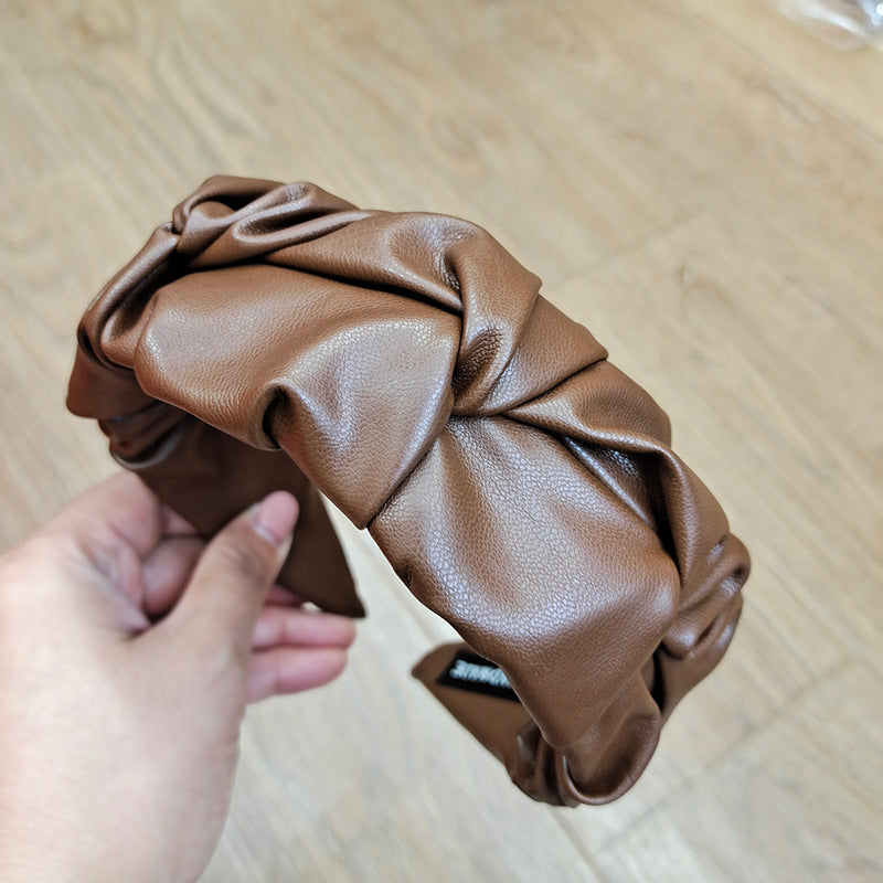 Wholesale Solid Color Pu Leather Pleated Headband