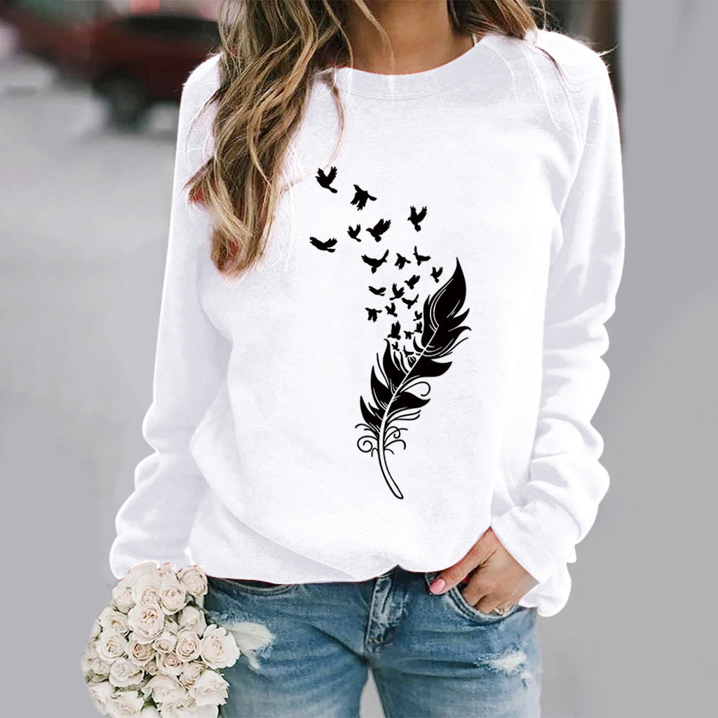 Wholesale Polyester Feather Fun Pattern Printed Long Sleeves