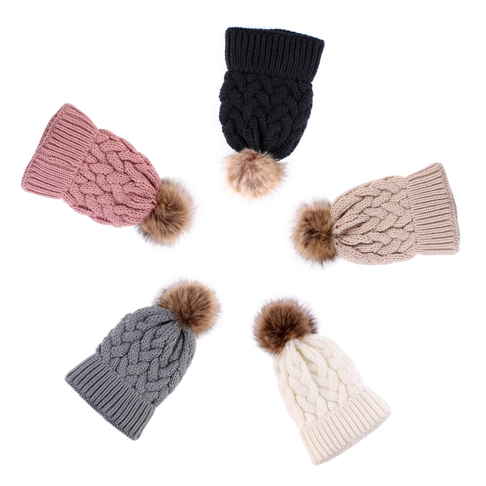 Wholesale hemp flower knitted pullover ladies hat autumn and winter thick fur ball adult hat