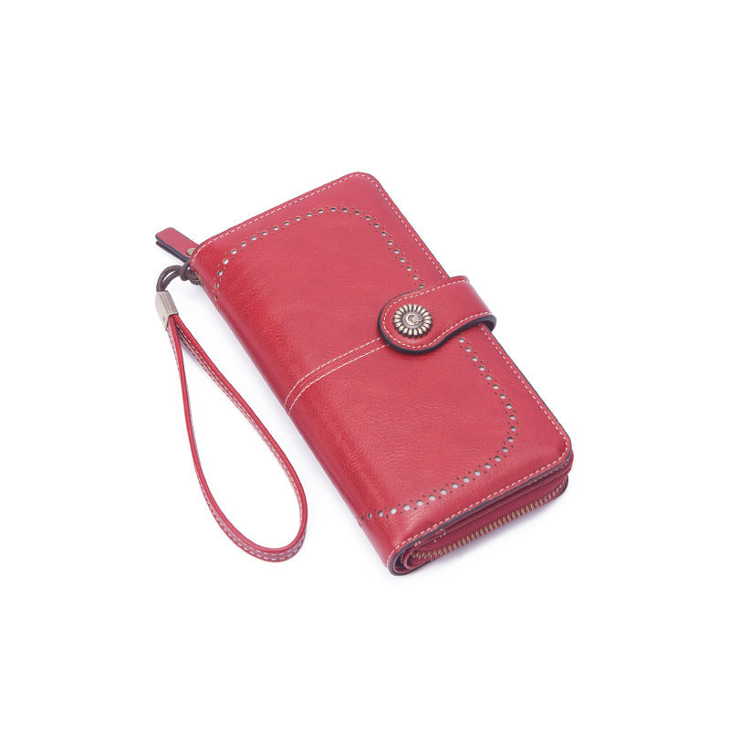 Wholesale Oil Wax Leather Long Hollow Wallet