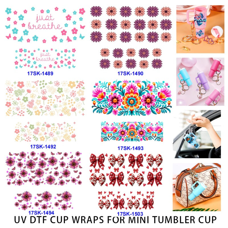 Wholesale 2/4/8 Pcs Little Butterly Bow Colorful Flowers UV DTF Wraps Mini Tumbler Cup Keychain Lipstick Holders