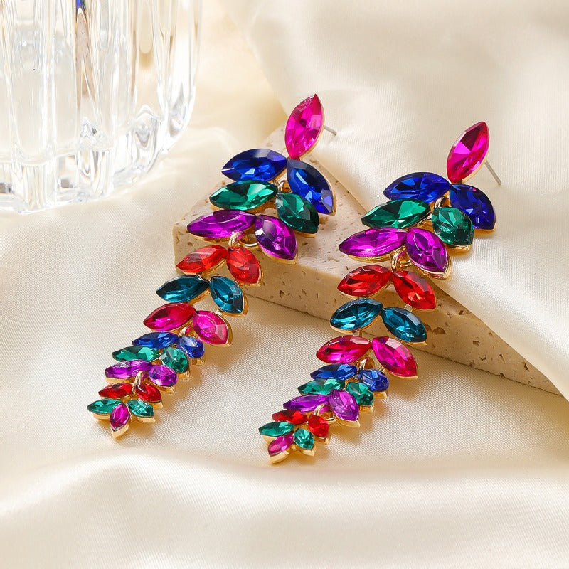 Wholesale Colored Diamond Full Diamond Long Leaf Earrings