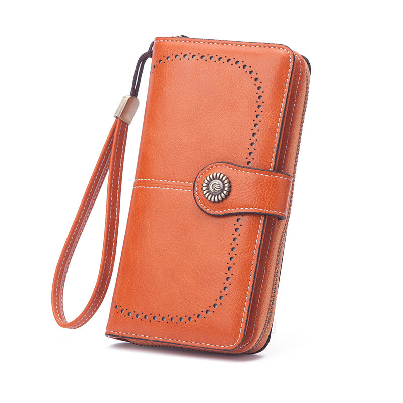 Wholesale Oil Wax Leather Long Hollow Wallet