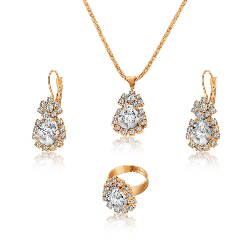 Wholesale Alloy Water Drop Full Diamond Necklace,  Earrings,  and Ring Set