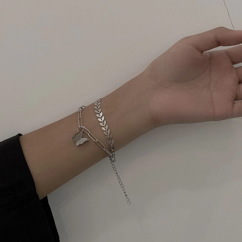 Wholesale Titanium Steel Wheat Ears Handmade Chain Double Layer Butterfly Bracelet