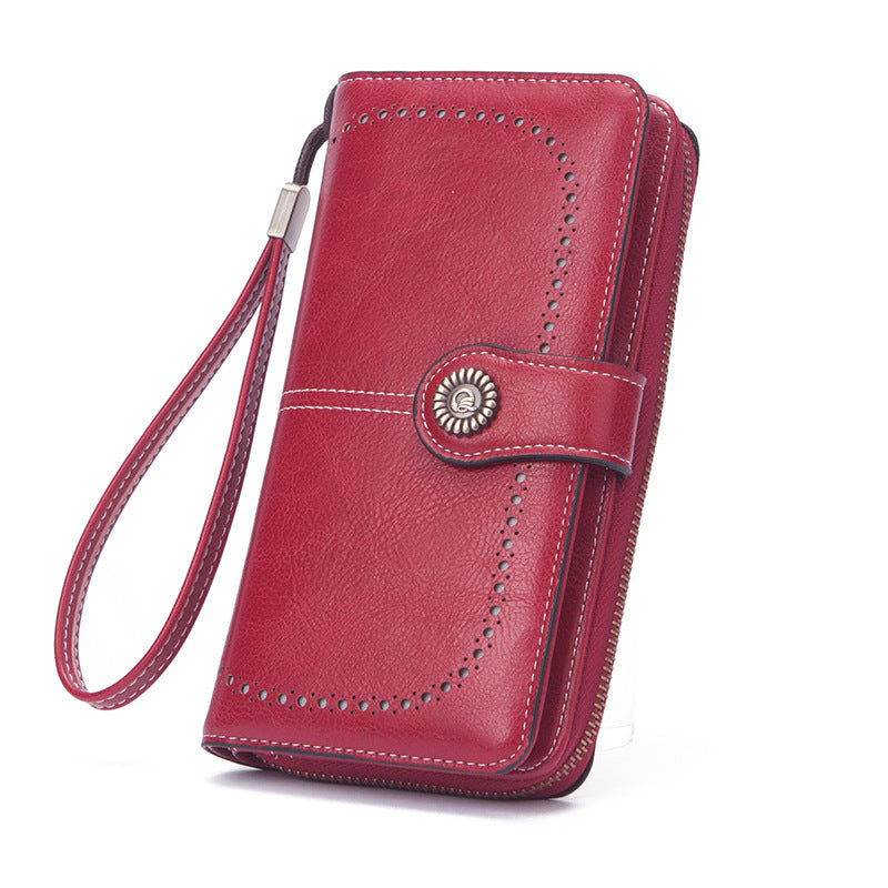 Wholesale Oil Wax Leather Long Hollow Wallet