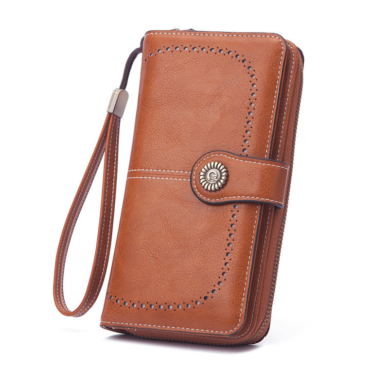Wholesale Oil Wax Leather Long Hollow Wallet