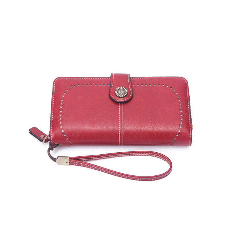 Wholesale Oil Wax Leather Long Hollow Wallet