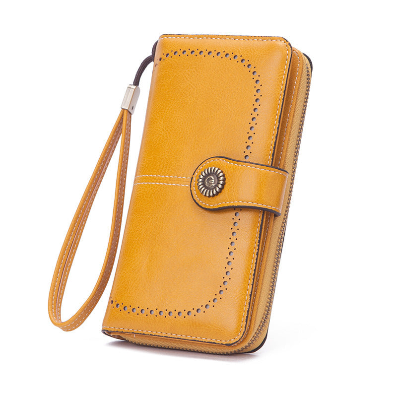 Wholesale Oil Wax Leather Long Hollow Wallet